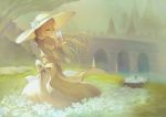  bow closed_mouth commentary_request dress flower green_eyes hat holding holding_flower long_dress long_hair original solo sun_hat teko white_dress wind 