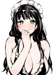  bangs bare_arms bare_shoulders bikini black_bikini black_hair blush breasts cleavage closed_mouth frilled_bikini frills hand_up large_breasts long_hair looking_at_viewer maid_headdress original simple_background smile solo swimsuit uekan upper_body white_background yellow_eyes 