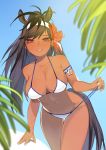  animal_ears antenna_hair arm_support armband bare_legs bare_shoulders bikini bikini_pull black_hair blue_sky blurry_foreground breasts brown_thoroughbred_(kemono_friends) cleavage collarbone cowboy_shot dark_skin day extra_ears flower grin hair_flower hair_ornament hairband half-closed_eyes hand_up highres hips horizontal_pupils horse_ears horse_girl horse_tail japan_racing_association juz kemono_friends leaning_forward long_hair looking_at_viewer medium_breasts navel outdoors ponytail pulled_by_self red_eyes sky smile solo standing stomach swimsuit tail white_bikini 