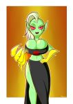  2018 alien big_breasts breasts clothed clothing digital_media_(artwork) female freckles freepancakes gloves green_skin hair hand_on_hip hi_res huge_breasts humanoid looking_at_viewer lord_dominator makeup midriff mohawk navel not_furry open_mouth pink_sclera simple_background smile solo standing tongue wander_over_yonder white_hair 