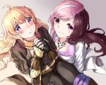  ahoge belt black_gloves blonde_hair blush breasts brown_hair carrying cleavage commentary english_commentary fingerless_gloves gloves heart heart-shaped_pupils jewelry long_hair multicolored_hair multiple_girls necklace neo_(rwby) open_mouth pink_eyes pink_hair princess_carry purple_eyes rwby smile symbol-shaped_pupils tl two-tone_hair yang_xiao_long yuri 