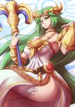  artist_name bangs bare_shoulders belt bracer commentary crossed_legs english_commentary green_eyes green_hair halo jewelry kid_icarus kid_icarus_uprising long_hair mazume palutena sitting smile solo staff thighhighs tiara very_long_hair white_legwear 