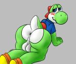  2018 absurd_res anthro anus balls big_butt blue_shirt blush butt clothing digital_media_(artwork) dinosaur dragondrem embarrassed footwear green_skin green_yoshi half-closed_eyes hi_res looking_back male mario_bros multicolored_scales multicolored_skin nintendo nude presenting presenting_hindquarters scales scalie shell shirt shoes short_tail simple_background smile solo thick_thighs two_tone_scales two_tone_skin video_games voluptuous white_skin wide_hips yoshi 