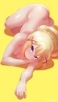  1girl artist_name ass blonde_hair blue_eyes blush born-to-die breasts butt_crack cleavage darkness_(konosuba) dimples_of_venus female full_body hair_ornament highres kono_subarashii_sekai_ni_shukufuku_wo! long_hair looking_at_viewer medium_breasts nude open_mouth ponytail shiny shiny_hair shiny_skin simple_background tied_hair x_hair_ornament yellow_background 