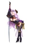 armor barbariank bent_over black_armor blue_eyes blush boots braid breasts camilla_(fire_emblem_if) camilla_(fire_emblem_if)_(cosplay) cleavage commentary cosplay draph english_commentary fire_emblem fire_emblem_if full_body gloves granblue_fantasy greaves hair_ornament hair_over_one_eye high_heel_boots high_heels highres horns katana large_breasts lavender_hair long_hair looking_at_viewer narmaya_(granblue_fantasy) pointy_ears purple_gloves solo sword tiara transparent_background very_long_hair weapon 