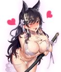  animal_ears atago_(azur_lane) azur_lane bangs bikini black_hair blush breasts collarbone commentary_request covered_nipples cowboy_shot cum cum_on_body dikko extra_ears eyebrows_visible_through_hair flower hair_flower hair_ornament hair_ribbon hands_on_own_chest highres holding holding_sword holding_weapon katana large_breasts leaning_forward lips long_hair looking_at_viewer mole mole_under_eye open_mouth ribbon sheath sheathed solo swept_bangs swimsuit sword thigh_gap weapon white_bikini white_ribbon 