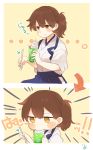  2koma biting blush brown_hair cherry comic commentary directional_arrow drinking_straw drooling eating food fruit highres holding holding_drinking_straw holding_food ice_cream ina_(1813576) japanese_clothes kaga_(kantai_collection) kantai_collection short_sleeves side_ponytail silent_comic sundae whipped_cream 