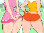  alternate_costume ass bad_id bad_tumblr_id bare_shoulders breasts close-up commentary cowboy_shot dress from_behind hand_on_hip highres lower_body mario_(series) mario_tennis mehlewds miniskirt multiple_girls orange_shorts panties pink_dress pink_panties princess_daisy princess_peach shiny shiny_skin short_dress short_shorts shorts skirt sleeveless super_mario super_mario_bros. take_your_pick tennis thick_thighs thighs underwear wristband 