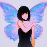  black_hair butterfly_wings camisole closed_mouth green_eyes ilya_kuvshinov lips looking_to_the_side original purple_background short_hair solo upper_body wings 