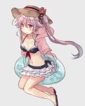  :o bikini bikini_skirt blush breasts cleavage collarbone commentary_request eyebrows_visible_through_hair flower gradient_hair groin hair_between_eyes hair_flaps hair_ribbon harusame_(kantai_collection) hat hat_flower hirune_(konekonelkk) innertube jacket kantai_collection long_hair looking_at_viewer multicolored_hair navel open_mouth parted_lips pink_eyes pink_hair ribbon sailor_bikini sailor_collar side_ponytail simple_background small_breasts solo straw_hat swimsuit white_background 