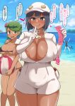  3girls :d :p aether_foundation_employee aether_foundation_uniform areola_slip areolae ball beach beachball bikini black_bikini black_hair blue_eyes blue_hair blue_sky blush breasts cabbie_hat cleavage cloud condom cowboy_shot dark_skin day employee_uniform flower gloves green_eyes green_hair hair_flower hair_ornament hat heart huge_breasts index_finger_raised large_breasts licking_lips lifeless_eyes looking_at_viewer low_twintails mao_(pokemon) multiple_girls naughty_face no_bra ocean one-piece_swimsuit open_mouth outdoors pokemon pokemon_(game) pokemon_sm popplio pouch sky smile standing suiren_(pokemon) sweat swimsuit tongue tongue_out translation_request twintails underboob uniform yamaori 