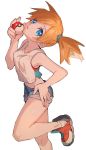  ankea_(a-ramo-do) bangs blue_eyes breasts commentary denim denim_shorts feet_out_of_frame hand_on_hip kasumi_(pokemon) looking_at_viewer midriff open_mouth orange_hair poke_ball pokemon pokemon_(game) pokemon_lgpe shorts simple_background solo standing white_background 
