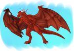  2018 3_toes amocin anthro blue_eyes claws digital_media_(artwork) dragon drakos_kyriou gem heterochromia hi_res horn life_of_the_dragonlord male membranous_wings muscular red_eyes red_scales scales scalie simple_background solo staff standing teeth toes wings 