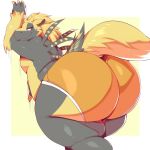  2018 4_fingers against_wall anthro border butt clothing digital_drawing_(artwork) digital_media_(artwork) dragon fur furred_dragon looking_at_butt love_handles male overweight presenting presenting_hindquarters scalie shorts simple_background smile solo thick_thighs tight_clothing tight_shorts trinity-fate62 white_background wide_hips yellow_background yellow_eyes yellow_fur zedex 