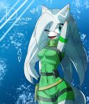  blue_eyes bodysuit clothed clothing female fur gear hair hedgehog long_hair looking_at_viewer mammal open_maw reeysth rubber skinsuit solo spandex tight_clothing tongue white_fur wolfimoon 