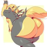  2018 4_fingers against_wall anthro blush border butt digital_drawing_(artwork) digital_media_(artwork) dragon fur furred_dragon looking_at_butt love_handles male nude overweight presenting presenting_hindquarters scalie simple_background smile solo thick_thighs trinity-fate62 white_background wide_hips yellow_background yellow_eyes yellow_fur zedex 