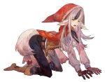  animal_ears boots crawling fire_emblem fire_emblem_if gloves hood long_hair red_eyes shourou_kanna simple_background solo tail velour_(fire_emblem_if) white_background white_hair wolf_ears wolf_tail 