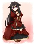  alice_(pandora_hearts) black_hair bow dress eyebrows_visible_through_hair hekikuu_(kanaderuyume) highres long_hair long_sleeves open_mouth pandora_hearts purple_eyes red_bow red_dress solo very_long_hair 