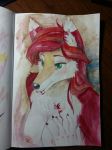  anthro blood breasts canine female fox fur green_eyes hair half_vampire koyu_ruh krazyelf mammal nipples nude portrait red_fur red_hair solo waterpaint 