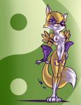  2018 alternate_color anthro armwear bassywolfeh blue_eyes breasts canine clothing cosplay crossover digimon eyelashes eyeshadow eyewear female fox glasses hands_on_hips looking_at_viewer lt._fox_vixen makeup mammal mostly_nude nipples pussy renamon simple_background smile solo squirrel_and_hedgehog standing 