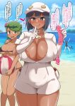  3girls :d :p aether_foundation_employee aether_foundation_uniform areola_slip areolae ball beach beachball bikini black_bikini black_hair blue_eyes blue_hair blue_sky blush breasts cabbie_hat cleavage cloud condom cowboy_shot dark_skin day employee_uniform flower gloves green_eyes green_hair hair_flower hair_ornament hat heart huge_breasts index_finger_raised large_breasts licking_lips looking_at_viewer low_twintails mao_(pokemon) multiple_girls naughty_face no_bra ocean one-piece_swimsuit open_mouth outdoors pokemon pokemon_(game) pokemon_sm popplio pouch sky smile standing suiren_(pokemon) sweat swimsuit tongue tongue_out translation_request twintails underboob uniform yamaori 