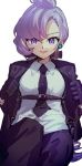  alternate_costume ankea_(a-ramo-do) bangs black_suit breasts cowboy_shot earrings gloves hair_ribbon jewelry lila_(pokemon) looking_at_viewer open_mouth pokemon pokemon_(game) pokemon_sm purple_eyes purple_hair ribbon simple_background smile solo standing white_background 