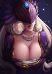  absurdres black_gloves breast_squeeze breasts cleavage commentary covered_eyes english_commentary gloves highres jewelry large_breasts lips looking_at_viewer luminyu mask necklace nox_(smite) platinum_blonde_hair purple_gloves smite solo 