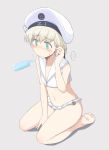  alternate_costume anchor bikini bikini_skirt blue_eyes blush clothes_writing collarbone eyebrows_visible_through_hair food full_body grey_background hat kantai_collection kugui_kiyunemu microskirt midriff navel pleated_skirt popsicle sailor_bikini sailor_collar sailor_hat seiza sexually_suggestive short_hair silver_hair sitting skirt solo swimsuit uniform wariza white_bikini white_hat z1_leberecht_maass_(kantai_collection) 