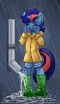  2018 anthro blush boots clothing drain_pipe eyes_closed fan_character female footwear hair hi_res multicolored_hair my_little_pony open_mouth open_smile raincoat raining ryo shorts simple_background sketch smile smudge_proof soaked standing two_tone_hair wet 