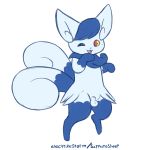  2018 2_tails animal_genitalia anthro balls blue_fur crossgender cute electrikestorm feline fully_sheathed fur happy hi_res male mammal meowstic multi_tail nintendo one_eye_closed open_mouth pok&eacute;mon pok&eacute;mon_(species) red_eyes sheath simple_background small_balls smile solo video_games white_background white_fur yellow_sclera 