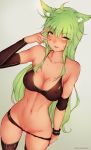  animal_ear_fluff animal_ears bangs black_bra black_legwear black_panties bluefield blush bra breasts collarbone covered_nipples cowboy_shot detached_sleeves dutch_angle eyebrows_visible_through_hair fox_ears fox_girl green_eyes green_hair grey_background hair_between_eyes highres large_breasts linea_alba long_hair looking_at_viewer messy_hair navel nose_blush open_mouth original panties panty_pull pussy pussy_juice smile solo stomach sweat thighhighs underwear v_over_eye very_long_hair 