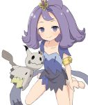  acerola_(pokemon) armlet bangs bare_legs barefoot blush closed_mouth collarbone commentary_request dress elite_four flipped_hair gen_7_pokemon hair_ornament mimikyu multicolored multicolored_clothes multicolored_dress parted_bangs pokemon pokemon_(anime) pokemon_(creature) pokemon_sm_(anime) purple_dress purple_eyes purple_hair short_dress short_hair short_sleeves simple_background sitting smile solo stitches trial_captain wariza white_background yakihebi 