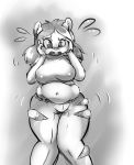  2018 anthro biped bottomwear breasts buckteeth clothed clothing digital_media_(artwork) female front_view fully_clothed grey_hair hair hamster hand_on_head kitt_kitten mammal midriff motion_lines navel nipple_bulge open_mouth panic rodent simple_background sketch slightly_chubby solo standing teeth topwear torn_clothing upset white_background white_belly 