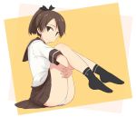  ass black_legwear black_ribbon brown_eyes brown_hair brown_skirt full_body hair_ribbon kantai_collection kugui_kiyunemu looking_at_viewer no_shoes panties pantyshot pantyshot_(sitting) pleated_skirt ponytail ribbon school_uniform serafuku shikinami_(kantai_collection) short_sleeves simple_background sitting skirt smile socks solo underwear white_panties yellow_background 