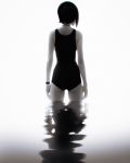  arms_at_sides ass choker facing_away from_behind greyscale highres ilya_kuvshinov monochrome one-piece_swimsuit original reflection short_hair solo standing swimsuit wading water white_background wristband 
