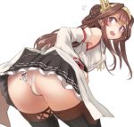  1boy 1girl admiral_(kantai_collection) ass black_legwear black_skirt blush breasts brown_hair chibi detached_sleeves double_bun frilled_skirt frills from_behind giantess hanging_on hat headgear jacket kantai_collection kongou_(kantai_collection) long_hair looking_at_another looking_back medium_breasts nontraditional_miko open_mouth panties pants purple_eyes remodel_(kantai_collection) ribbon-trimmed_sleeves ribbon_trim sidelocks simple_background size_difference skirt solo_focus thighhighs underwear utopia white_background white_hat white_jacket white_panties white_pants wide_sleeves 