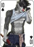  2018 abs anthro biceps brown_eyes card clothed clothing clothing_lift digital_media_(artwork) english_text eyewear fonyaa fur glasses grey_fur hair holding_object looking_at_viewer male mammal mechanic muscular muscular_male pecs playing_card procyonid raccoon shirt shirt_lift simple_background solo standing text tools white_background white_fur 