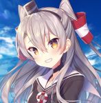  amatsukaze_(kantai_collection) blue_sky brown_dress brown_eyes cloud day dress grey_neckwear grin hair_tubes hat kantai_collection lifebuoy long_hair looking_at_viewer mini_hat neckerchief sailor_collar sailor_dress short_dress silver_hair sky smile solo tahya tilted_headwear two_side_up upper_body white_sailor_collar windsock 
