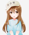  1girl bangs blue_shirt brown_eyes brown_hair female flat_cap hat hataraku_saibou long_hair platelet_(hataraku_saibou) shirt solo t-shirt white_hat white_headwear 