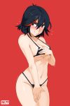  artist_name bikini black_bikini black_hair blue_eyes blush breasts cleavage covering covering_breasts covering_crotch embarrassed flying_sweatdrops groin hair_between_eyes kill_la_kill looking_at_viewer matoi_ryuuko medium_breasts multicolored_hair navel owler red_background red_hair short_hair simple_background solo strap_gap streaked_hair swimsuit thighs trembling 