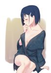  absurdres areolae arm_support asymmetrical_hair blue_hair blush breasts breasts_apart closed_eyes collarbone darling_in_the_franxx hair_ornament hairclip highres ichigo_(darling_in_the_franxx) invisible_chair japanese_clothes kimono medium_breasts no_bra open_clothes open_kimono shiny shiny_skin short_hair sitting sndbr solo sweat white_background 