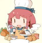  adapted_costume anchor_symbol apron blue_sailor_collar bob_cut braid buttons can carrot chef_hat commentary_request cooking curry curry_rice etorofu_(kantai_collection) eyebrows_visible_through_hair food gloves hanomido hat kantai_collection ladle onion open_mouth pot potato red_hair rice sailor_collar school_uniform serafuku side_braid simple_background smile solo thick_eyebrows toque_blanche twin_braids white_background white_gloves yellow_apron |_| 