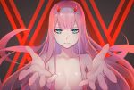  blue_eyes breasts cleavage collarbone darling_in_the_franxx floating_hair grey_background grey_hairband hair_censor hair_over_breasts hairband horns long_hair looking_at_viewer machida_029 medium_breasts parted_lips pink_hair shiny shiny_skin solo upper_body very_long_hair zero_two_(darling_in_the_franxx) 