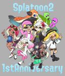  :&gt; anniversary aori_(splatoon) beanie bike_shorts breasts casual cephalopod_eyes cleavage commentary_request copyright_name crown earrings everyone fangs grey_background hat hime_(splatoon) hotaru_(splatoon) iida_(splatoon) inkling iwaohime jacket japanese_clothes jewelry kimono multiple_girls octoling pale_skin short_shorts shorts smile splatoon_(series) splatoon_2 splatoon_2:_octo_expansion squidbeak_splatoon symbol-shaped_pupils tentacle_hair v wristband zipper zipper_pull_tab 