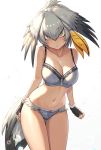  adapted_costume backlighting blush bra breasts cleavage closed_mouth collarbone commentary cowboy_shot eyebrows_visible_through_hair fingerless_gloves gloves green_eyes grey_bra grey_panties guchico head_wings highres kemono_friends large_breasts looking_at_viewer navel panties sandstar shoebill_(kemono_friends) silver_hair simple_background solo tail thigh_gap underwear white_background 