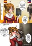  2koma against_wall ahoge annamakko-tan artist_name bible book braid brown_eyes brown_hair choker comic commentary dress english flower french_braid gloves hair_bun holding holding_book holding_hands hug interlocked_fingers multiple_girls original personification philippine_flag philippines real_life red_dress spain spanish_flag white_gloves yuri 