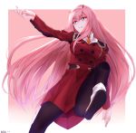  absurdres black_legwear boots darling_in_the_franxx dress eyebrows_visible_through_hair floating_hair from_below green_eyes hair_between_eyes hairband highres horns leg_up long_hair n4dz0 outstretched_arm pantyhose parted_lips pink_hair red_dress signature solo very_long_hair white_hairband zero_two_(darling_in_the_franxx) 