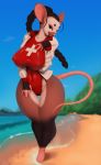  2018 anthro beach big_breasts braided_hair breasts camel_toe clothed clothing digital_media_(artwork) female fur hair lifeguard long_hair looking_at_viewer mammal mouse navel neozoa outside rodent seaside smile solo swimsuit water 