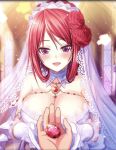  artist_request blush bow breasts bridal_veil church detached_collar dress earrings eyebrows_visible_through_hair flower gem gloves hair_bow hair_flower hair_ornament holding_hand huge_breasts jewelry lapis_(phantom_of_the_kill) long_hair necklace official_art open_mouth phantom_of_the_kill red_eyes red_flower red_hair red_rose rose shekinah_(phantom_of_the_kill) veil wedding_dress white_dress white_gloves 