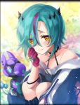  aqua_hair artist_request blush eyes_visible_through_hair gloves hair_between_eyes hair_ornament hand_on_own_cheek helena_(phantom_of_the_kill) looking_at_viewer multicolored_hair official_art phantom_of_the_kill purple_gloves short_hair smile squatting toy_robot two-tone_hair yellow_eyes zipper 